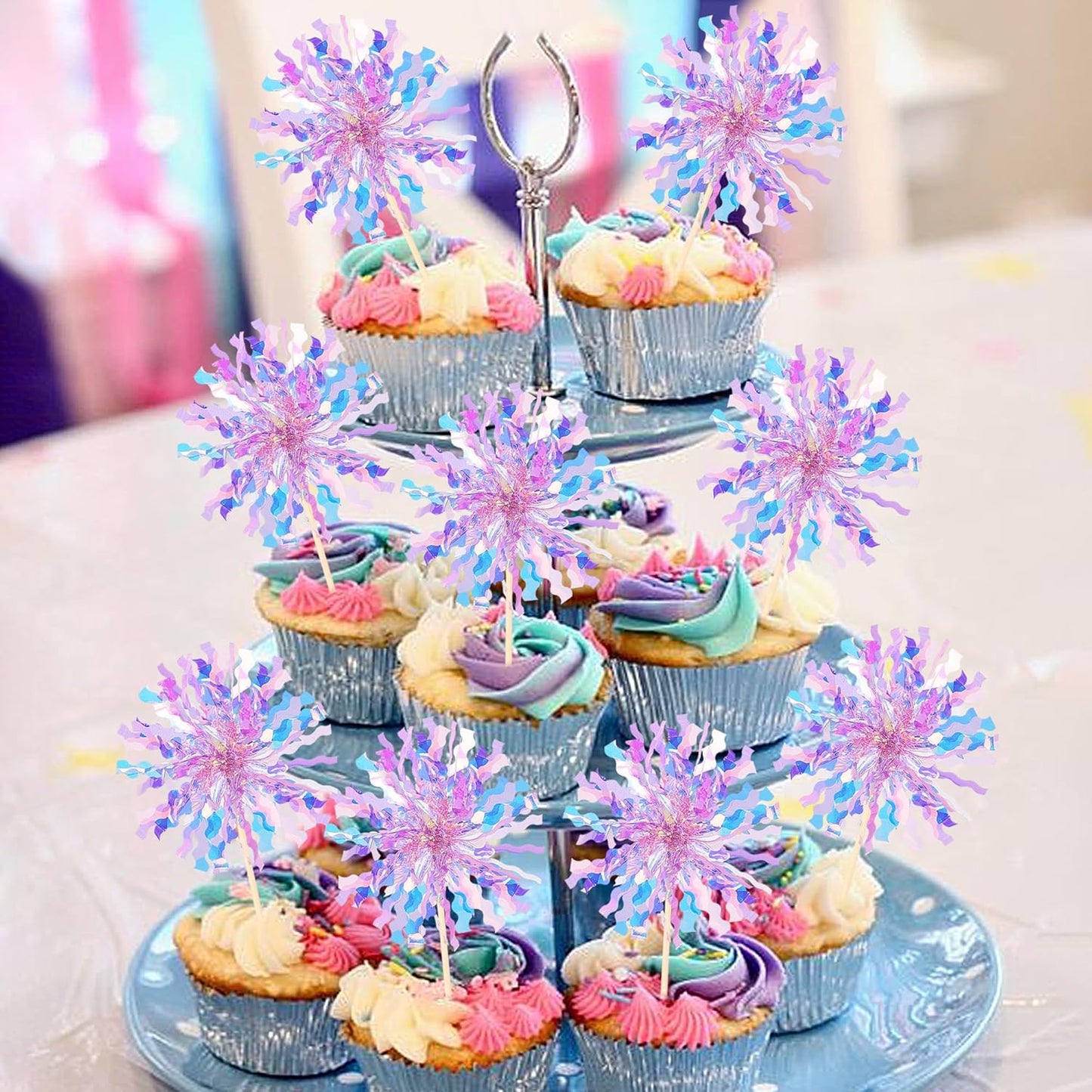 30 PCS Foil Firework Cupcake Toppers Sparkle Tinsel Cupcake Picks Happy Birthday Cake Toppers Drink Stirrers Cocktail Food Fruit Toothpicks for Baby Shower Birthday Party Decorations Supplies Purple