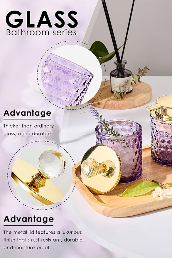 Purple Bathroom Accessories, 4Pcs Purple Bathroom Accessory Set Complete, Toothbrush Holder Set, Soap Dispenser, Qtip Holder, Tumbler, Perfect for Bathroom Decor and Vanit