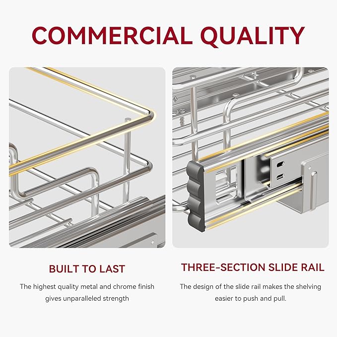 Under Sink Organizer 9"W X17"D, Pull Out Cabinet Organizer 2 Tier, Under Sink Slide Out Chrome Plated, Under Kitchen Bathroom Sink Organizer, Pantry Cabinet Closet Organization Rack, 2 Pack