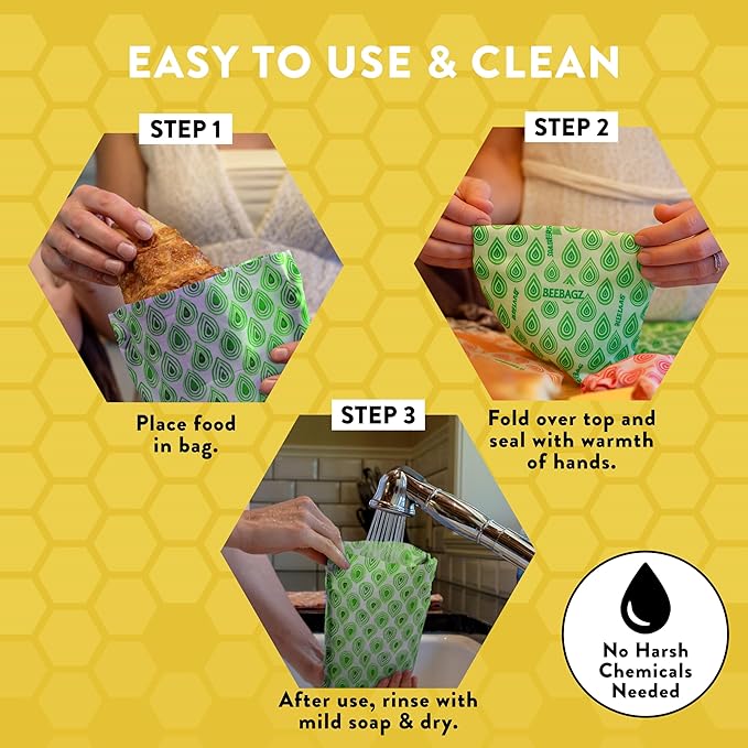 Beeswax Wrap Storage Bag, Reusable Food Storage Bags, Pack of 6, Plastic Free Biodegradable Food Wrap Alternative, Family Pack, 3 Small + 2 Medium + 1 Large, (Green)