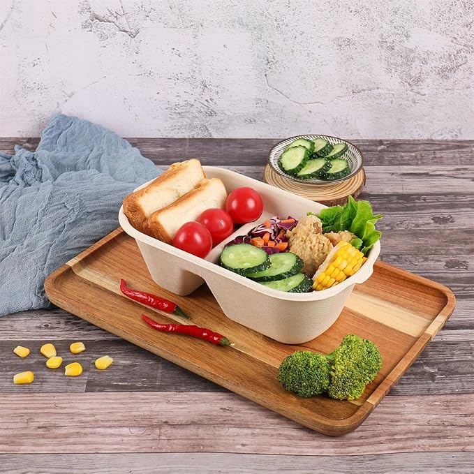 32 oz Disposable bowls with lids, 2 compartments Sugarcane Fiber Food Container, Food Storage, 50 Pack