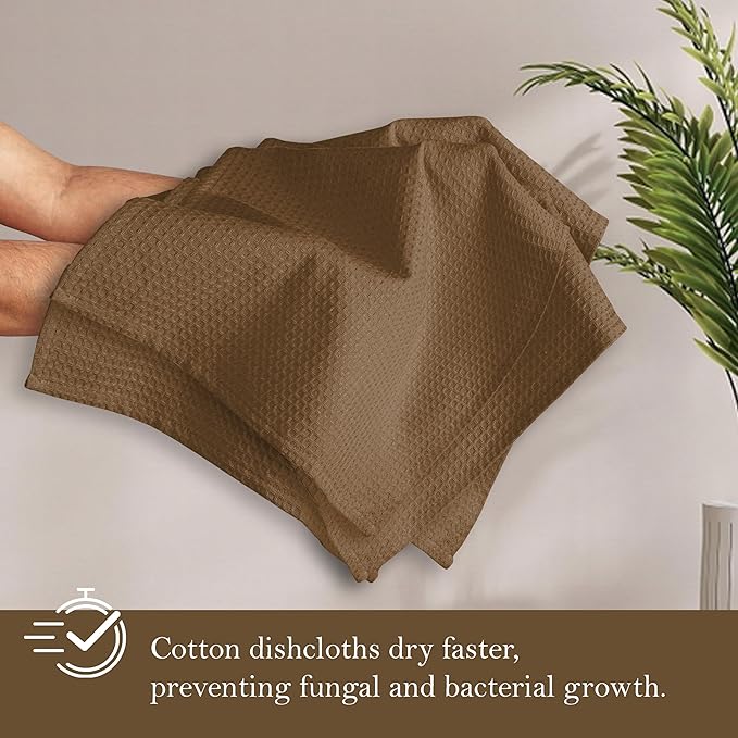 Brown Waffle Dishcloths, 12x12 Inch, Durable, Soft, Absorbent, Quick Drying, 100% Cotton, Reusable, Machine Washable, Ideal for Cleaning, Multipurpose Towels, Set of 12