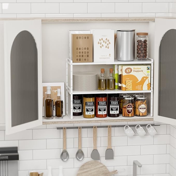 SANNO Expandable Kitchen Shelf Organizers, Stacking Shelf Large Kitchen Cupboard Organizer Stackable Counter Shelf Organizer Large Expandable Shelves, White 3 Pack