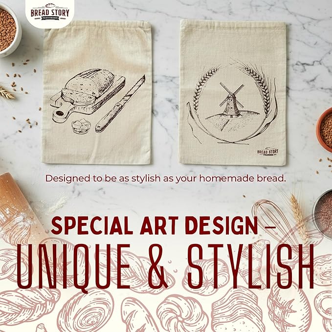 Linen Bread Bag – Reusable Linen Bags for Homemade Bread & Sourdough | Cloth Bags for Sourdough, Artisan Loaves, & Pastries | Unbleached Natural Fabric with Drawstring Closure, 2-Pack, 11 x 15"