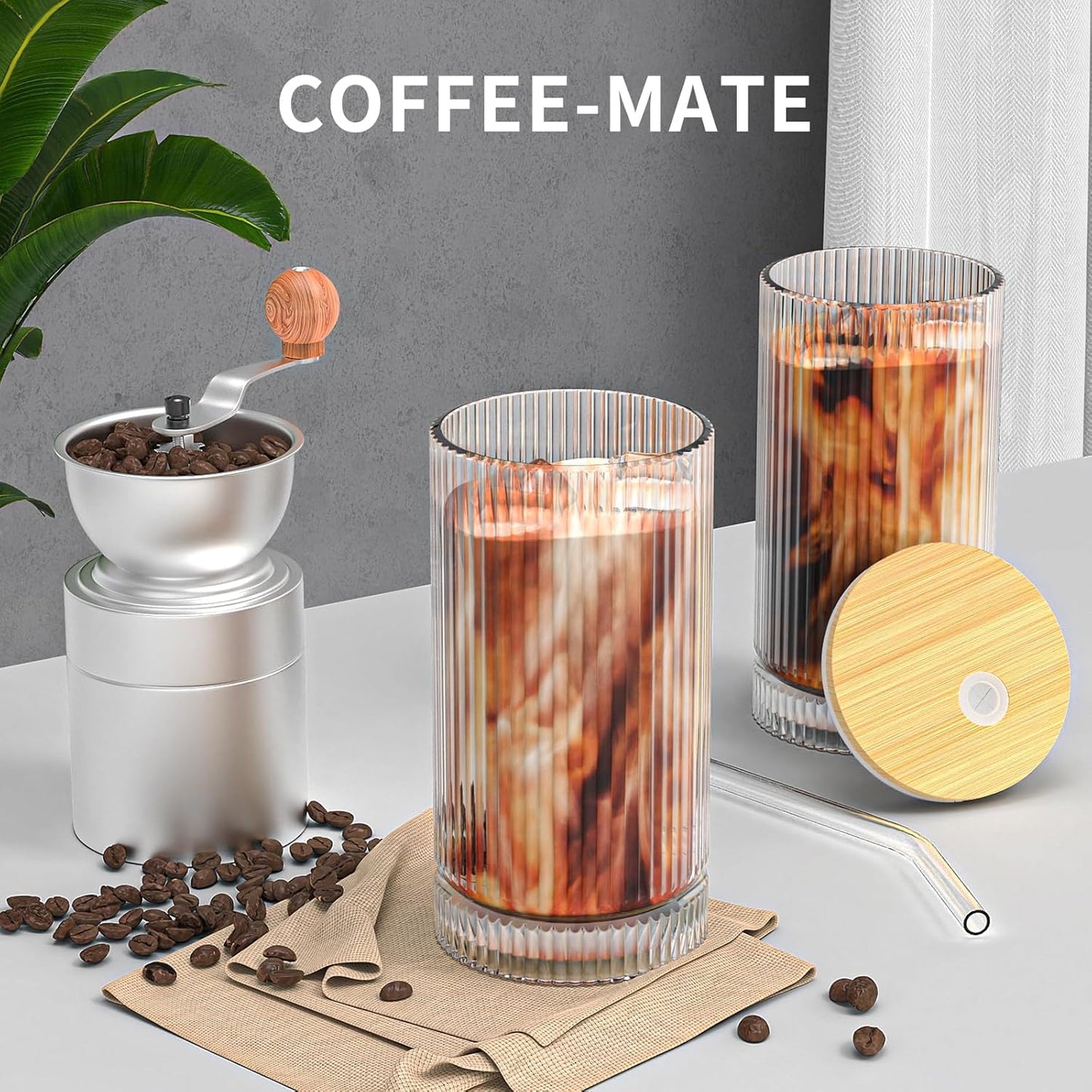 15 Oz Glass Cups with Lid and Straw, Iced Coffee Cups with Lid, Vintage Glassware for Whiskey Cocktail Beer (2 PACK)
