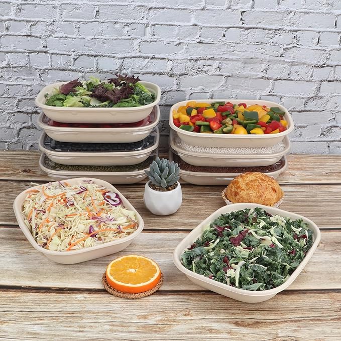 28 oz Disposable salad bowls with lids, Sugarcane Fiber Paper Bowls take away food containers meal prep Plant Fiber deli container 50 Pack