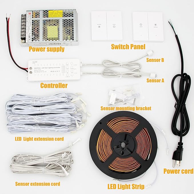 Wall Switch Control and Motion Sensor LED Stair Lighting Kit RW-5620, 40 Inches Long Cuttable LED Light for Indoor LED Stair Lights (Cool White 6000K, 16 Stairs)