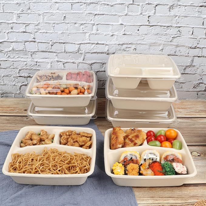 34 oz 3 compartments Square Disposable bowls with lids,Sugarcane Fibers Bowls take away food containers Plant Fibers Freezer Safe 25 Pack