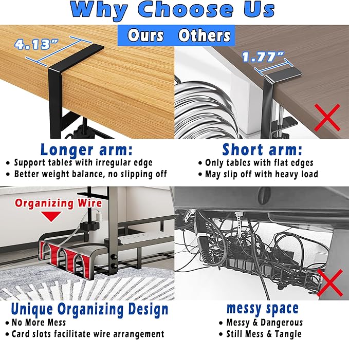 Sleclean Under Desk Cable Management Tray, Upgraded Long Arm Clamp, 16.6"x7.1" No Drill Steel Organizers, Cable Tray with Clamp for Wire Management, Home - No Damage to Desk