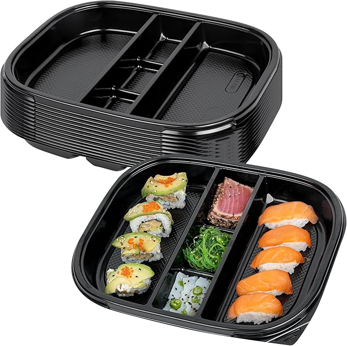 Restaurantware-Bento Tek 50.7 Ounce Meal Prep Containers, 100 Disposable To Go Food Boxes - Lids Sold Separately, 5 Compartments, Black Plastic Bento Lunch Boxes, Freezable, For Take Out