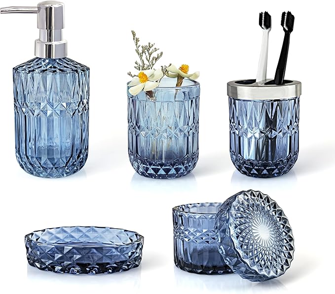 Blue Bathroom Accessories Set, 5Pcs Clear Glass Bathroom Accessories, Hand Soap Dispenser, Soap Dish, Toothbrush Holder Set, Qtips Holder for Crystal Vantage Bath Countertop Decor, Gift Set