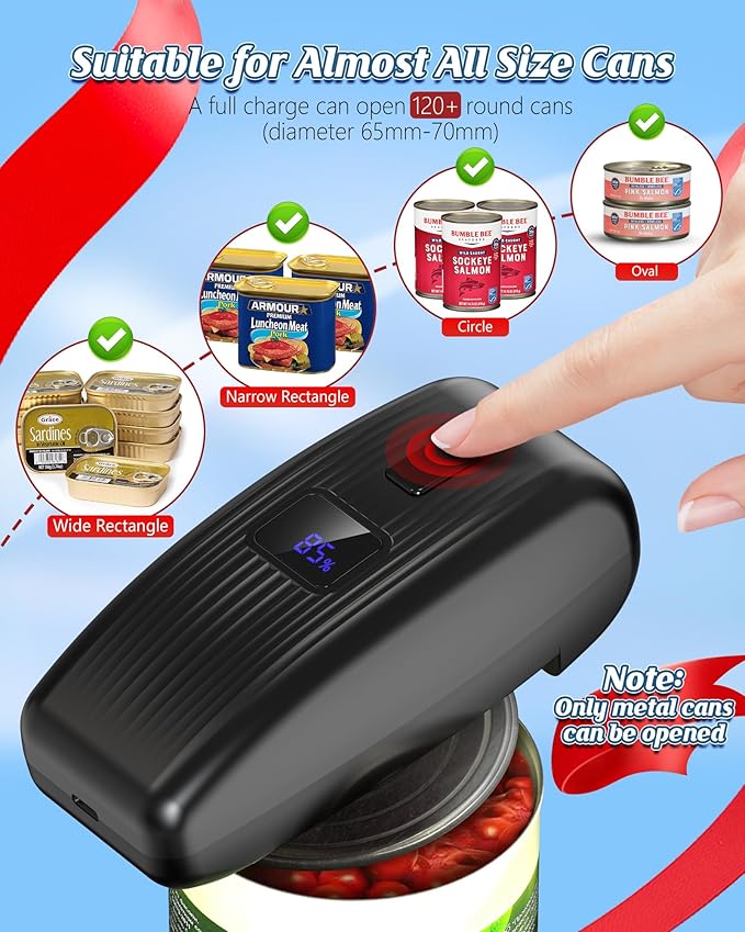 Electric Can Opener with LED Display, Rechargeable Automatic Can Opener Fit Almost Sizes, One-Touch Hands Free Can Opener Electric for Seniors with Smooth Edge, Food Safety Portable Kitchen Gadgets