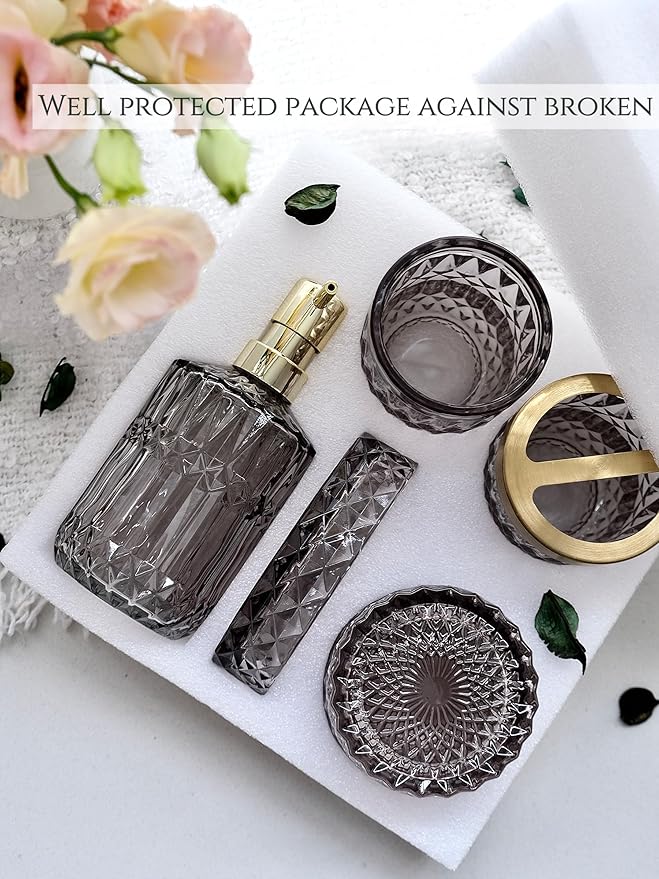 Gray Bathroom Accessories Set, 5Pcs Clear Glass Bathroom Set, Soap Dispenser, Soap Dish, Toothbrush Holder, Cotton Swab Jar, Black and Gold Accent for Crystal Vintage Bathroom Decor