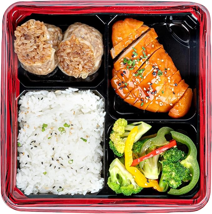 Restaurantware-Bento Tek 17.9 Ounce Meal Prep Containers, 100 Disposable To Go Food Boxes - Lids Sold Separately, 4 Compartments, Red And Black Plastic Bento Lunch Boxes, Freezable, For Take Out