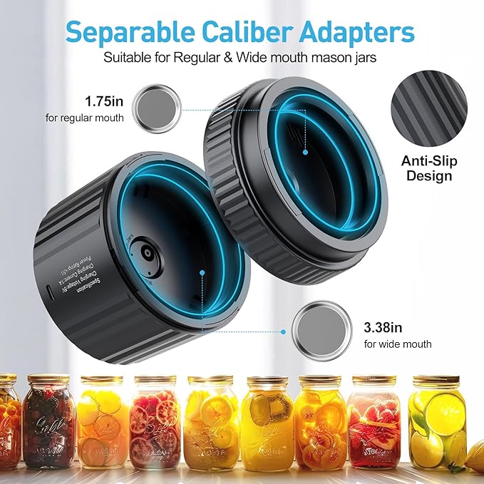 2025 Latest Electric Mason Jar Vacuum Sealer Kit, Firm Sealing & Anti-Slip, Bonus Lips*10 & Labels*10 & Bottle Opener*1, One Button Start Easy to Operate, for Wide Mouth or Regular Mouth of Mason Jars