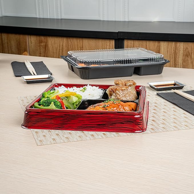 Restaurantware-Bento Tek 17.9 Ounce Meal Prep Containers, 100 Disposable To Go Food Boxes - Lids Sold Separately, 4 Compartments, Red And Black Plastic Bento Lunch Boxes, Freezable, For Take Out