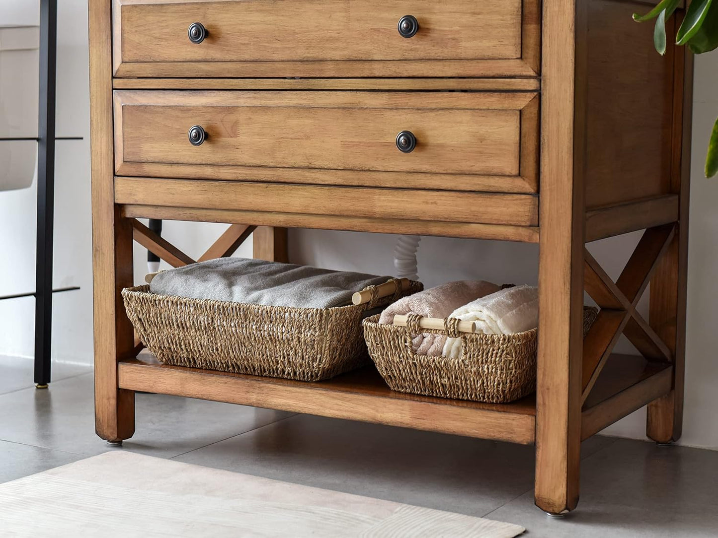 StorageWorks Hand-Woven Jumbo Storage Baskets with Wooden Handles, Seagrass Wicker Baskets for Organizing, 2-Pack