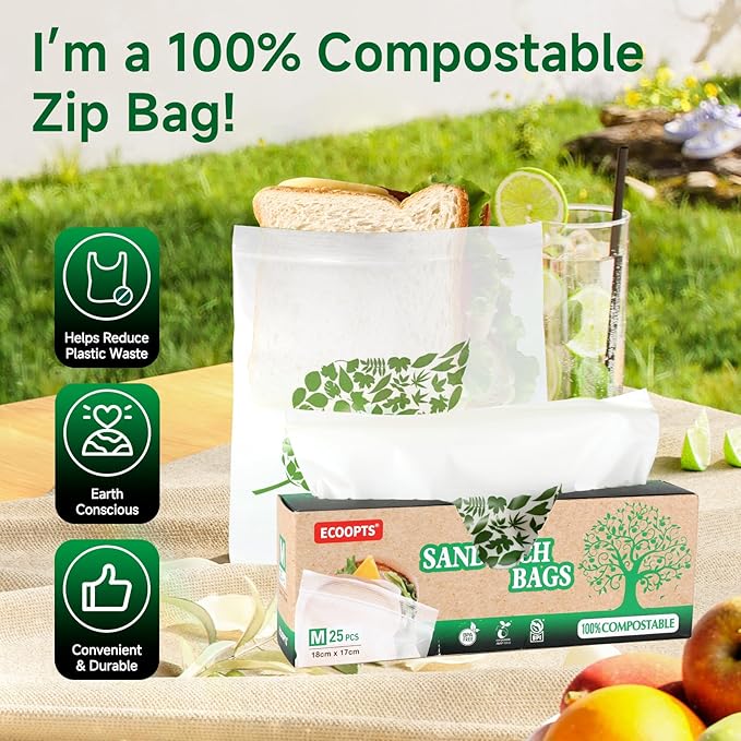 ECOOPTS 25×100% Compostable Sandwich Zip Bags | ECO-Friendly Food Storage Bags | Freezer Bag | Plant-Based BPA-free | Seal well for Sandwich,Fruit,Food and Snack (1Pack, Medium Size)