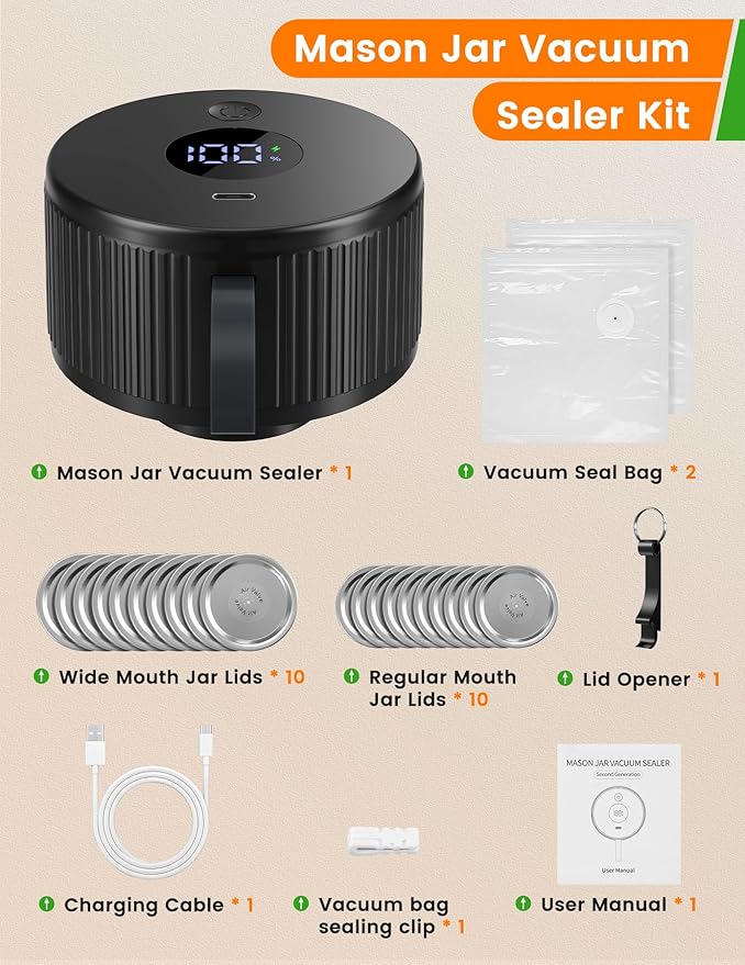 Electric Mason Jar Vacuum Sealer, MJ02 Cordless Automatic Mason Jars Vacuum Sealer Kit for Wide Mouth and Regular Mouth Mason Jars with 20 Air Valve Mason Lids & 2 Vacuum Bags