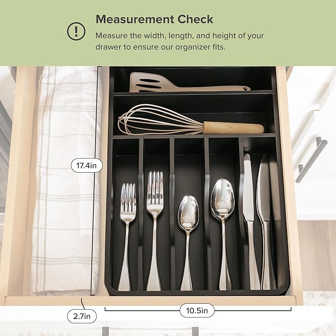 Silverware Organizer - Cutlery, Flatware, and Utensil Holder for Kitchen Drawers, Fixed 10.5” Width, 7 Storage Compartments, Non-Slip Feet, Rounded Corners, 100% Bamboo, Black Finish