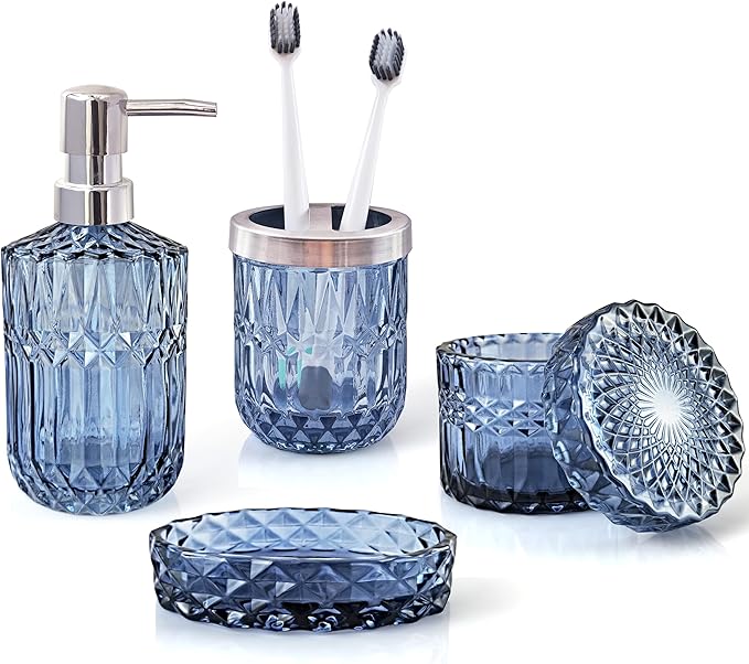 Blue Bathroom Accessories Set, 4Pcs Clear Glass Bathroom Accessories, Lotion Soap Dispenser Set, Toothbrush Holder, Qtips Holder, Soap Dish for Crystal Modern Bath Decor, Vintage Gift Set