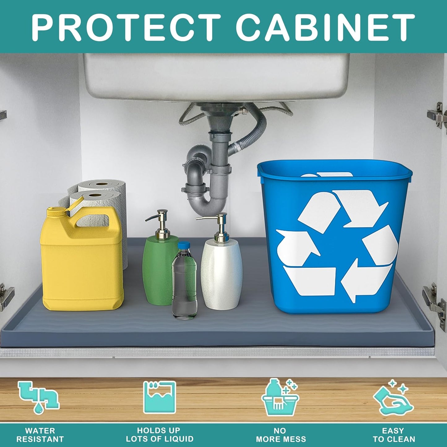 URMONA Waterproof Silicone Under Sink Mat 28'' x 19'' Shelf Liner for Kitchen and Bathroom, Cabinet and Counter Protector, Storage and Organizers, Litter Mat, Pet Cat Puppy Essentials(Light Grey)