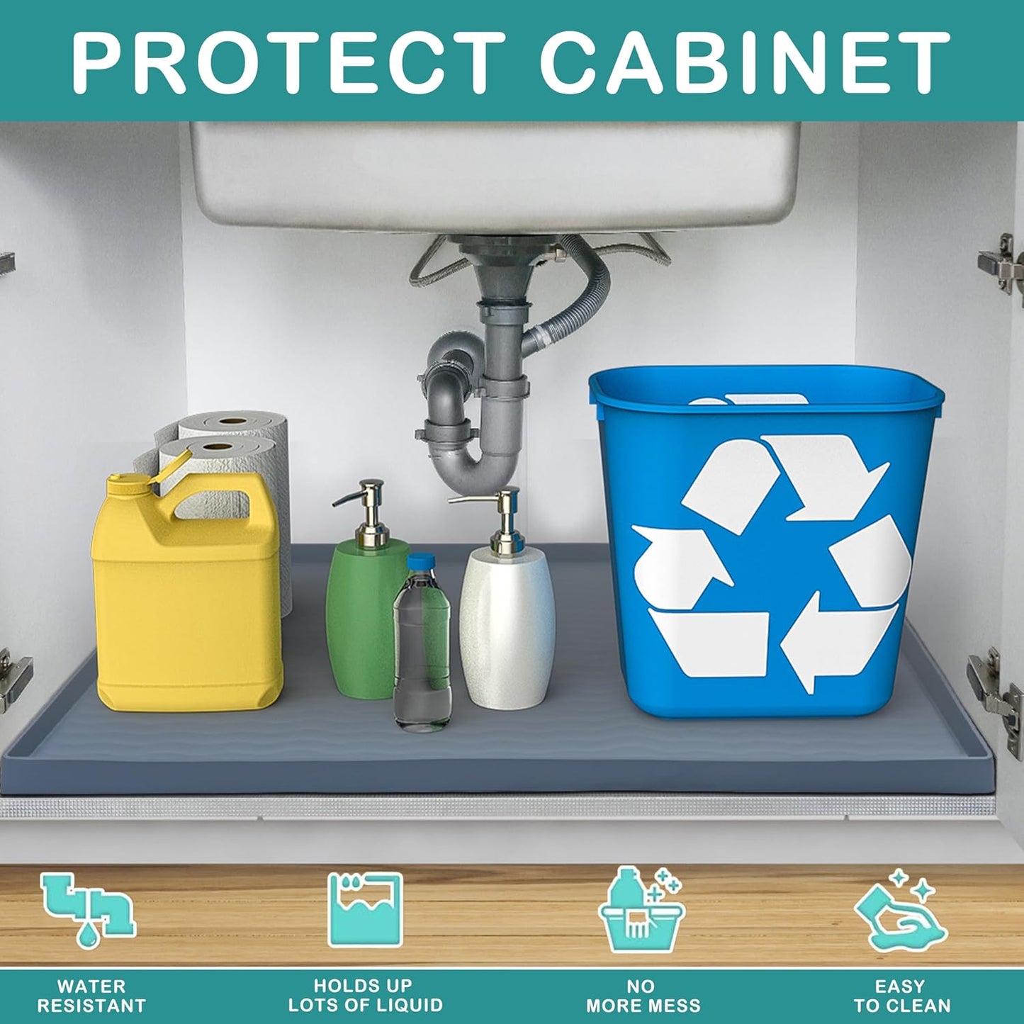 URMONA Waterproof Silicone Under Sink Mat 40'' x 22'' Shelf Liner for Kitchen and Bathroom, Cabinet and Counter Protector, Storage and Organizers, Litter Mat, Pet Cat Puppy Essentials(Beige)