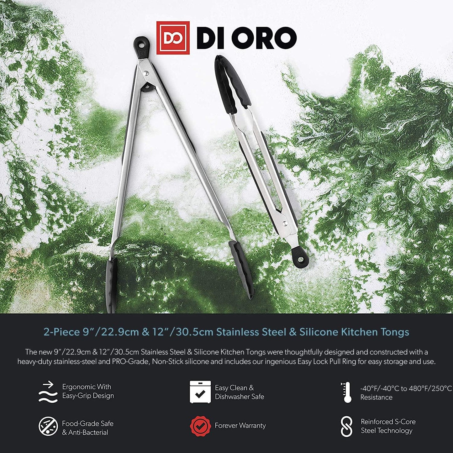 DI ORO Silicone Tongs for Cooking - Heat-Resistant Kitchen Tongs for Cooking with Silicone Tips - Small 9" & Large 12" for Nonstick Cookware - Stainless Steel Rubber Tipped (2pc, Black)