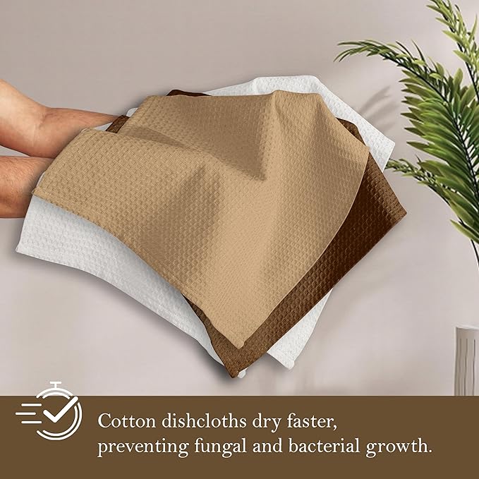 Waffle Dishcloths, 12x12 Inch, Absorbent, Soft, Durable, 100%, Quick Drying, Reusable, Ideal for Kitchen Cleaning, Cotton Hand Towels, Set of 12, Brown, Beige, White