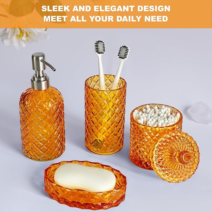 Orange Bathroom Accessorires Set, 4Pcs Clear Glass Bathroom Accessories, Burnt Orange Lotion Soap Dispenser, Toothbrush Holder Set, Soap Dish, Qtips Holder for Modern Vibrant Bathroom Decor