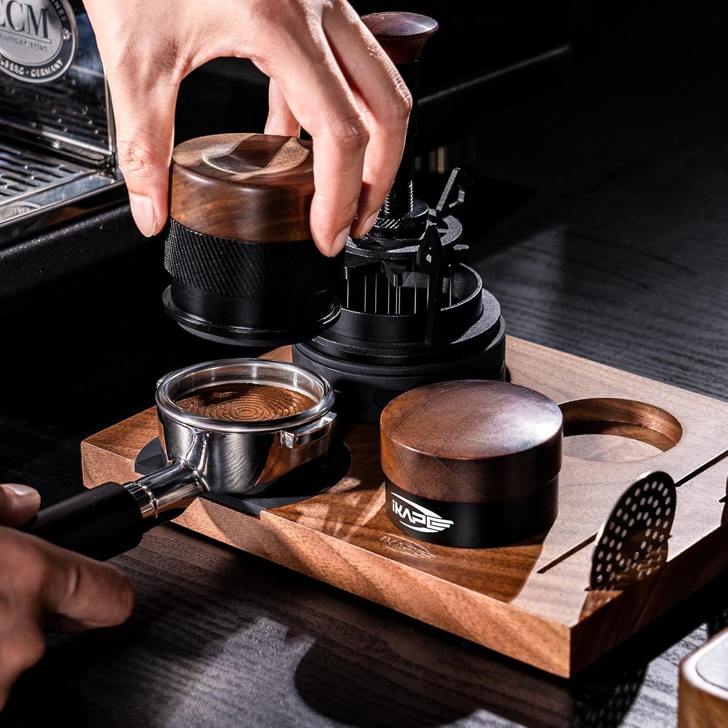 IKAPE 51MM Espresso Tamper, New Wooden Handle Design，Premium Barista Coffee Calibrated Tamper with Spring Loaded, 100% Stainless Steel Tamper Compatible with All 51MM Bottomless Portafilter