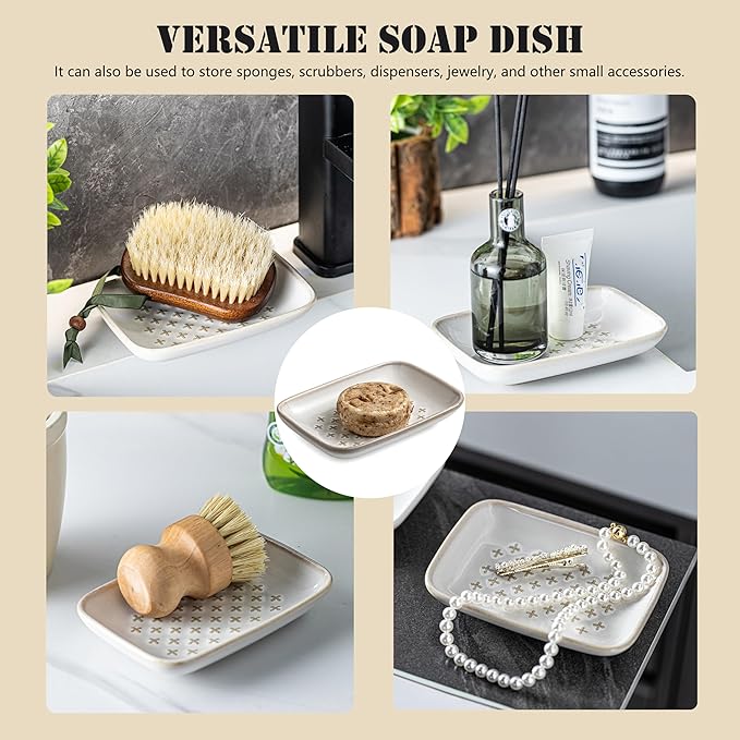 Gomakren Soap Dish, Shower Soap Holder, Ceramic Soap Dishes for Bar Soap Sponge Shampoo, Soap Saver Tray for Bathroom Kitchen Sink Counter, 5.5 Inch, Beige