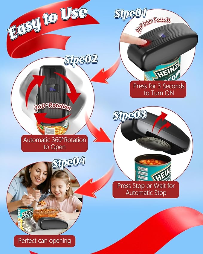 Electric Can Opener with LED Display, Rechargeable Automatic Can Opener Fit Almost Sizes, One-Touch Hands Free Can Opener Electric for Seniors with Smooth Edge, Food Safety Portable Kitchen Gadgets