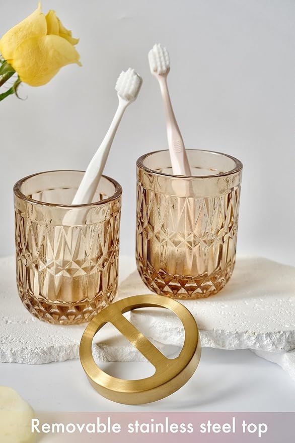 Brown Bathroom Accessories Set, 5Pcs Clear Glass Bathroom Accessories, Lotion Soap Dispenser, Toothbrush Holder Set, Soap Dish, Qtip Holder, Tumbler, Vintage Bathroom Set, Vanity Organizer