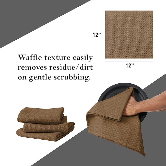 Brown Waffle Dishcloths, 12x12 Inch, Durable, Soft, Absorbent, Quick Drying, 100% Cotton, Reusable, Machine Washable, Ideal for Cleaning, Multipurpose Towels, Set of 12