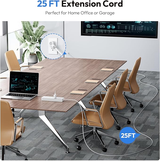 25 Ft Extension Cord ETL, NTONPOWER 2100J Surge Protector Power Strip with 10 AC Spaced Outlets 2 USB Ports, 1875W/15A Overload Protection, Wall Mountable for Indoor, Home, Office or Garage, White
