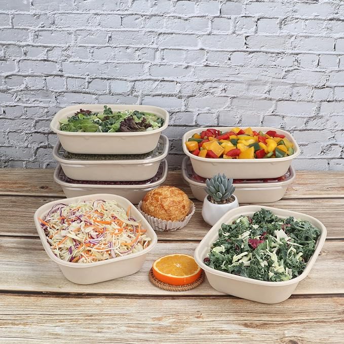 35 oz Disposable salad bowls with lids, Sugarcane Fiber Paper Bowls take away food containers meal prep Plant Fiber deli container 50 Pack