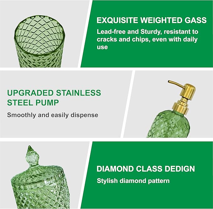 Glass Bathroom Accessories Set, 4Pcs Sage Green Bathroom Sets, Lotion Soap Dispenser, Toothbrush Holder, Soap Dish, Qtips Holder for Modern Bathroom Decor, Crystal Vintage Gift Set