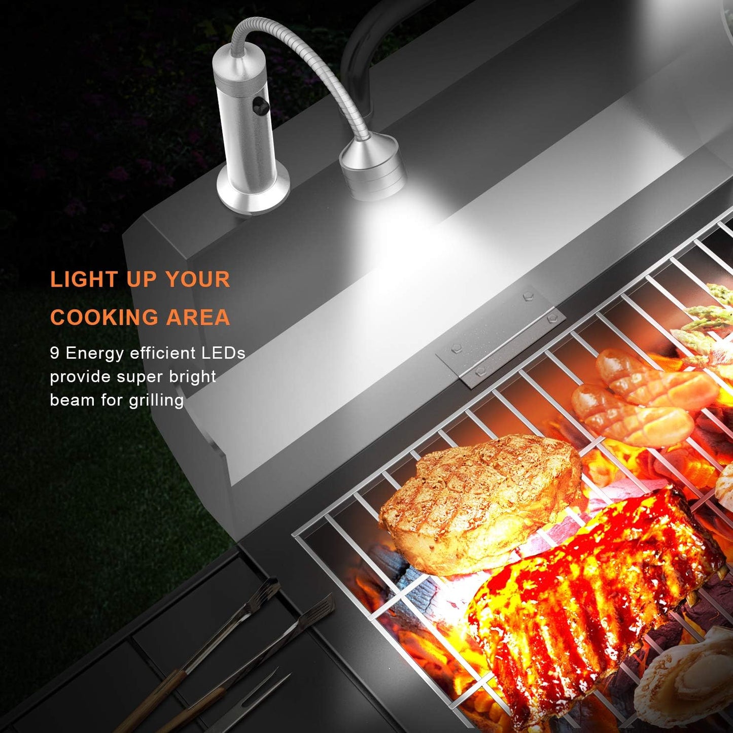 Barbecue Grill Light Grilling Accessories for Outdoor, BBQ Magnetic LED Lights Flexible Gooseneck Weather Resistant, Men Dad Gifts Batteries Included 2 Pack (Silver)