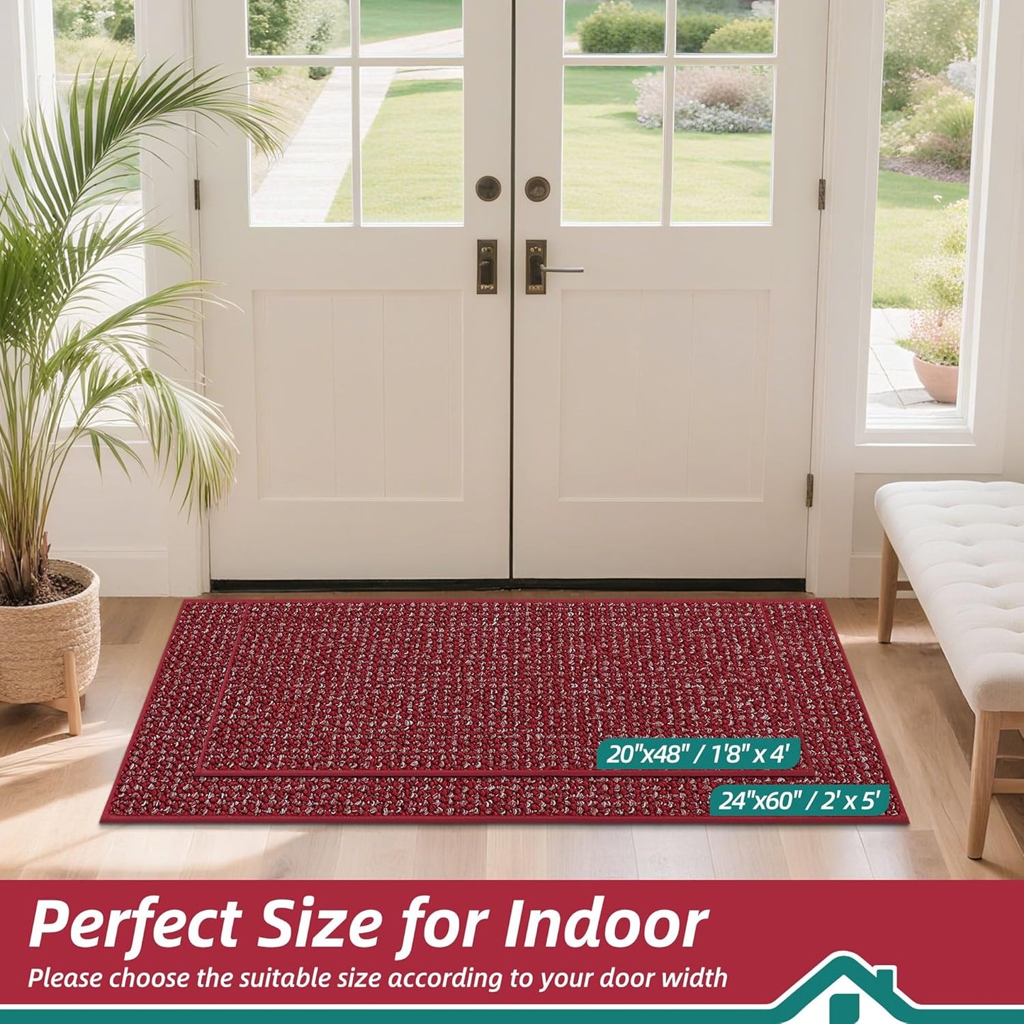 BEQHAUSE Dirt Trapper Door Mat 24" x 60", Non-Slip Washable Doormats Entrance Mat, Dirt Resistant and Absorbent Welcome Mat, Low Profile Floor Mats for Front Back Door and Entryway, Red