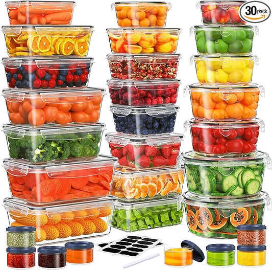 60-Piece Large Food Storage Containers Set - Leakproof, BPA-Free Plastic with Lids Airtight for Kitchen Storage and Organization Reusable with Labels Pen- Microwave Dishwasher Freezer Safe