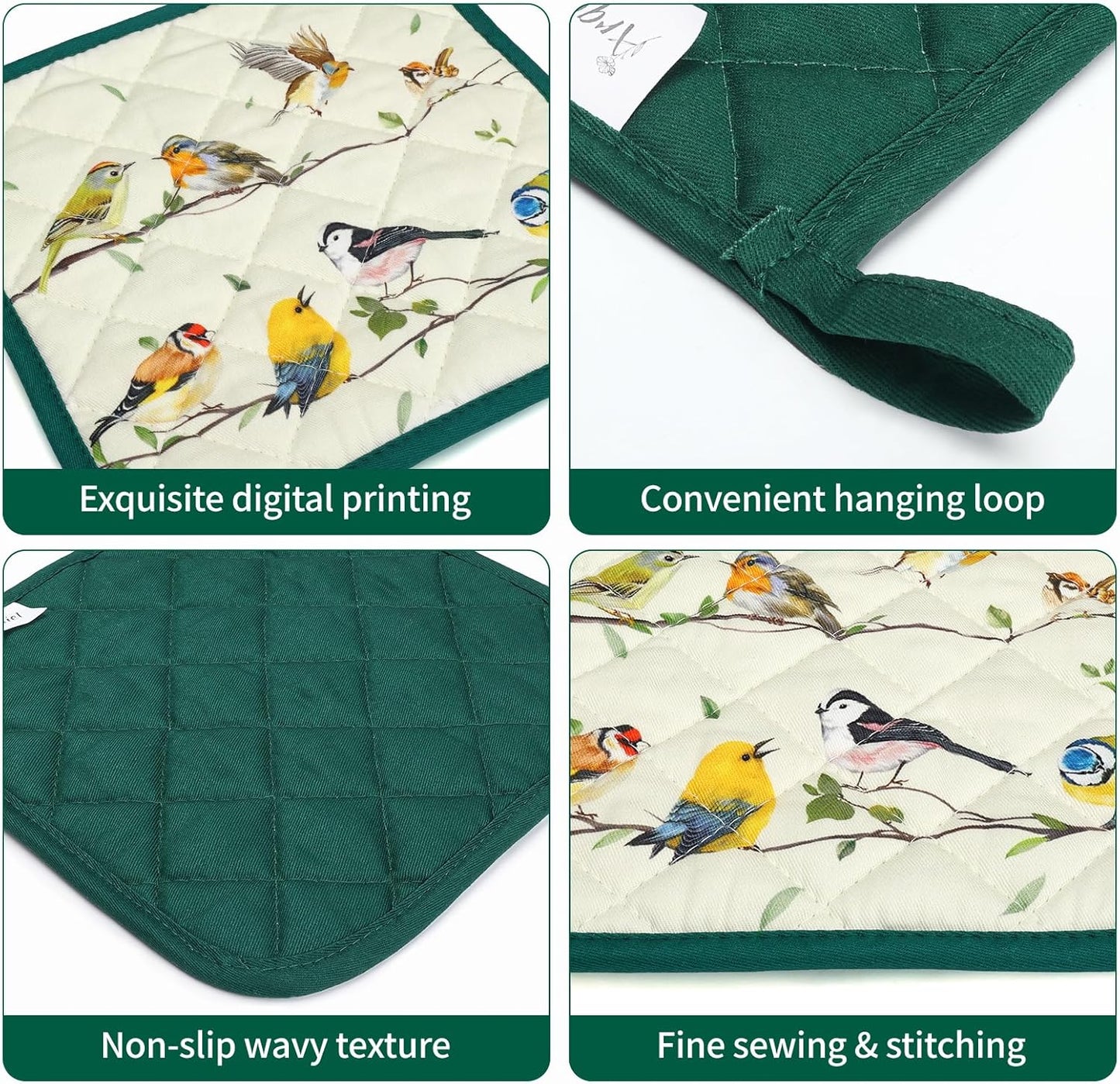 Bird Branch Oven Mitts and Pot Holders Sets 2Pcs, 100% Cotton Heat Resistant, Extra Long Oven Gloves Potholder for Kitchen Cooking Baking Decoration