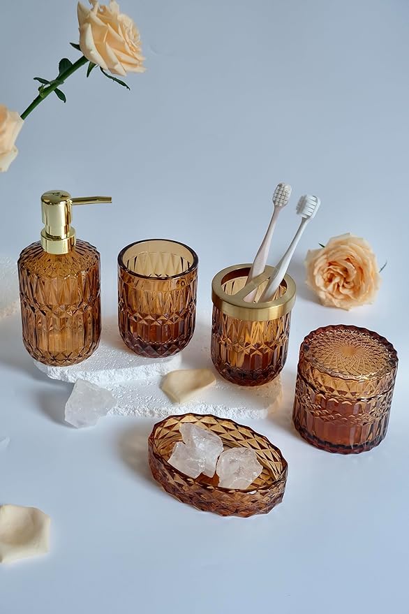 Amber Brown Bathroom Accessories Set, 5Pcs Clear Glass Bathroom Accessories, Hand Soap Dispenser, Soap Dish, Toothbrush Holder Set, Qtips Holder for Crystal Vintage Bathroom Decor, Gift Set