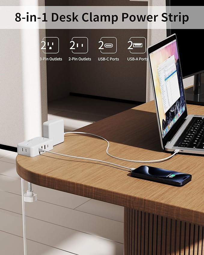 Desk Clamp Power Strip, Desktop Mount Charging Station with 4 Outlets 4 USB Ports (2 USB C), 10Ft Under Desk Power Strip, Fits 2.75" Tabletop Edge, Extension Cord for Home Office, White