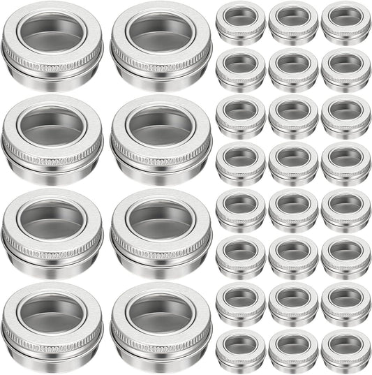 Zubebe 100 Pcs Aluminum Tin Jar Refillable Containers Clear Top Screw Lid Round Tin Container Bottle for Cosmetic, Cream, Diamond Painting, Salves, Balms, Lip Balm, Spices or Others, Silver (2 oz)