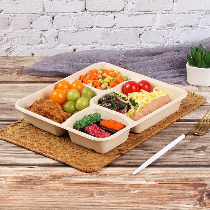 37 OZ Sugarcane Fiber 4 Compartments disposable plates with Lids Bagasse Plant Fibers Freezer Safe 25 PACK