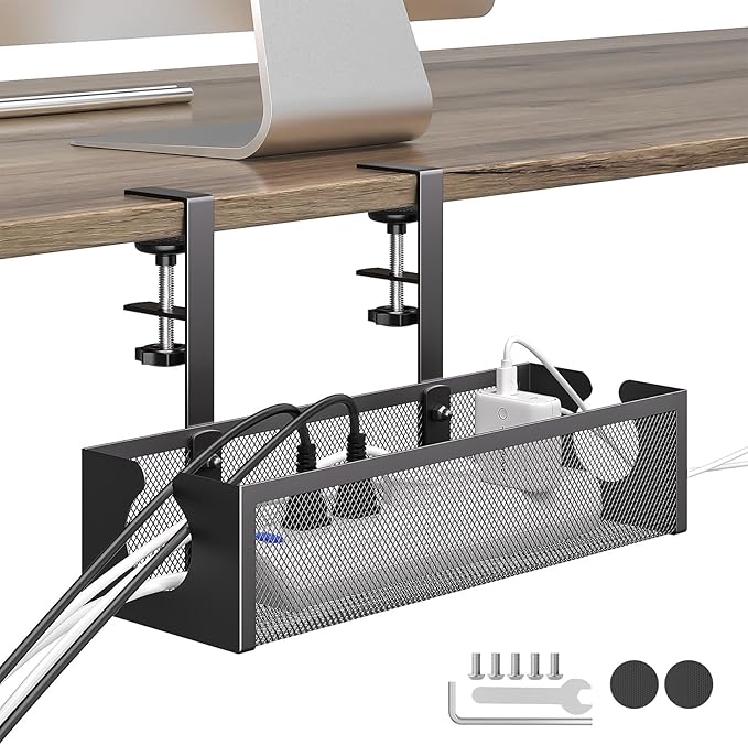DELAMU Under Desk Cable Management Tray, No Drill Metal Mesh Cable Management Under Desk with F-Clamp Mount & 2 Open Holes, Cord Organizer for Home Office, 1 Pack, Black