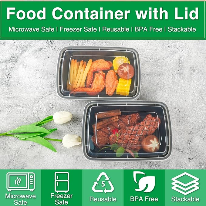 Meal Prep Containers Reusable 15 Pack-34 oz Food Storage Containers with Lids To Go Food Containers Takeout with 15 Forks, Microwave Dishwasher Freezer Safe, BPA Free, Plastic (Black)