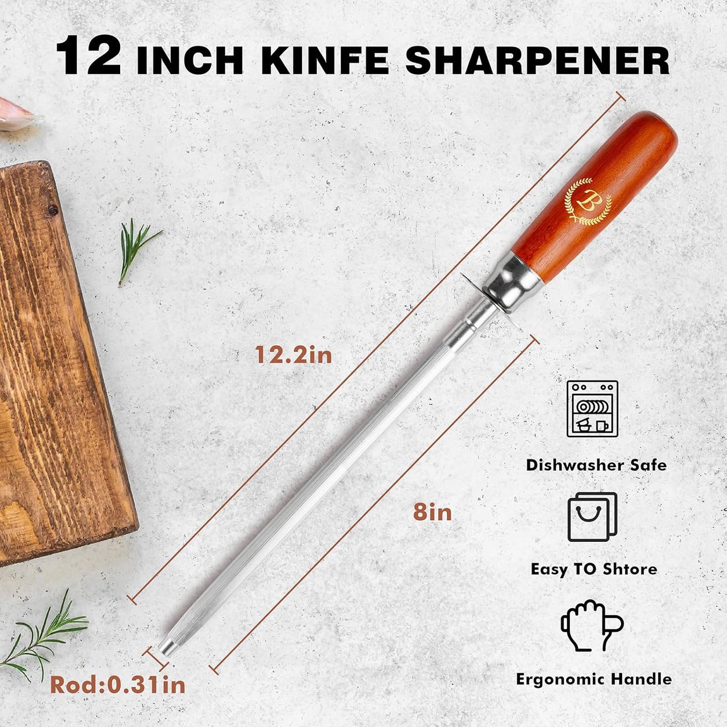 Knife Sharpener Rod, Kitchen Knives Sharpener Carbon Steel Professional Knife Sharpening Steel, Honing Rod with Hanging Holes (13 inches), B