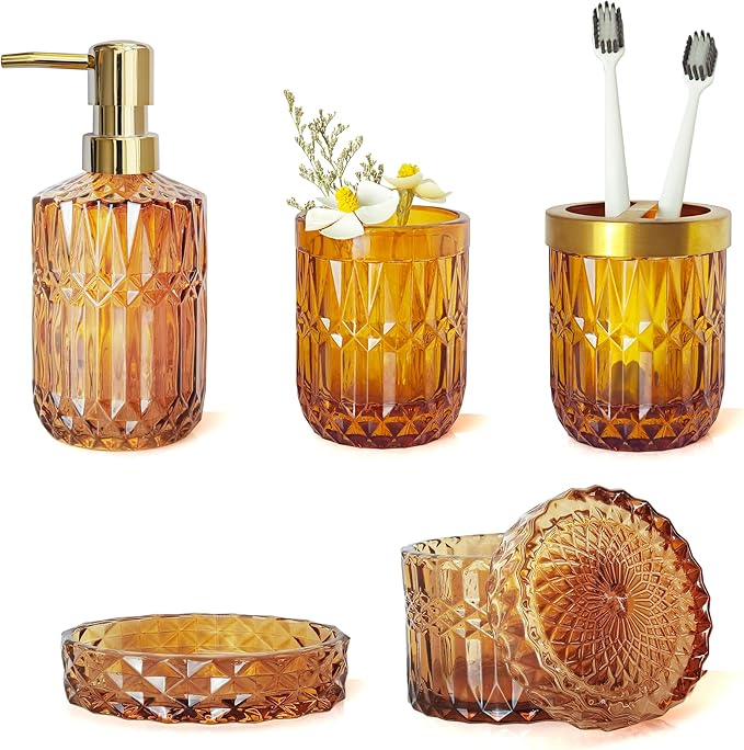 Amber Brown Bathroom Accessories Set, 5Pcs Clear Glass Bathroom Accessories, Hand Soap Dispenser, Soap Dish, Toothbrush Holder Set, Qtips Holder for Crystal Vintage Bathroom Decor, Gift Set